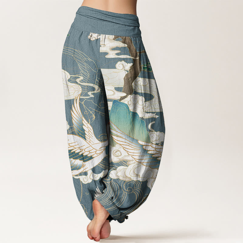 Pantalon harem à taille élastique pour femme, motif grues volantes et nuages de bon augure sur coton pur Foviel