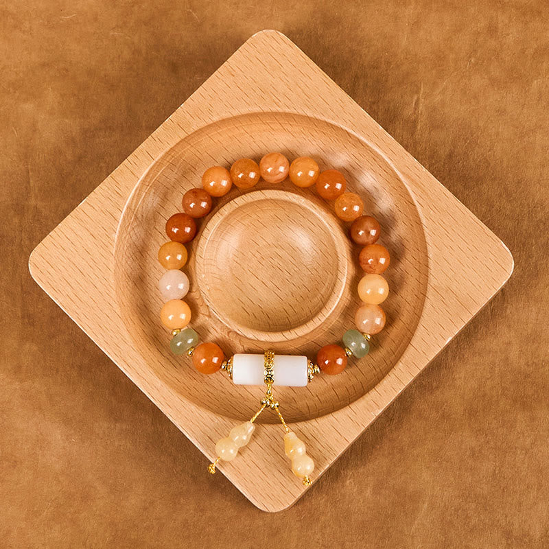 Foviel Goldene Seide Jade Perlen Kürbis Weiß Kristall Reichtum Glück Armband