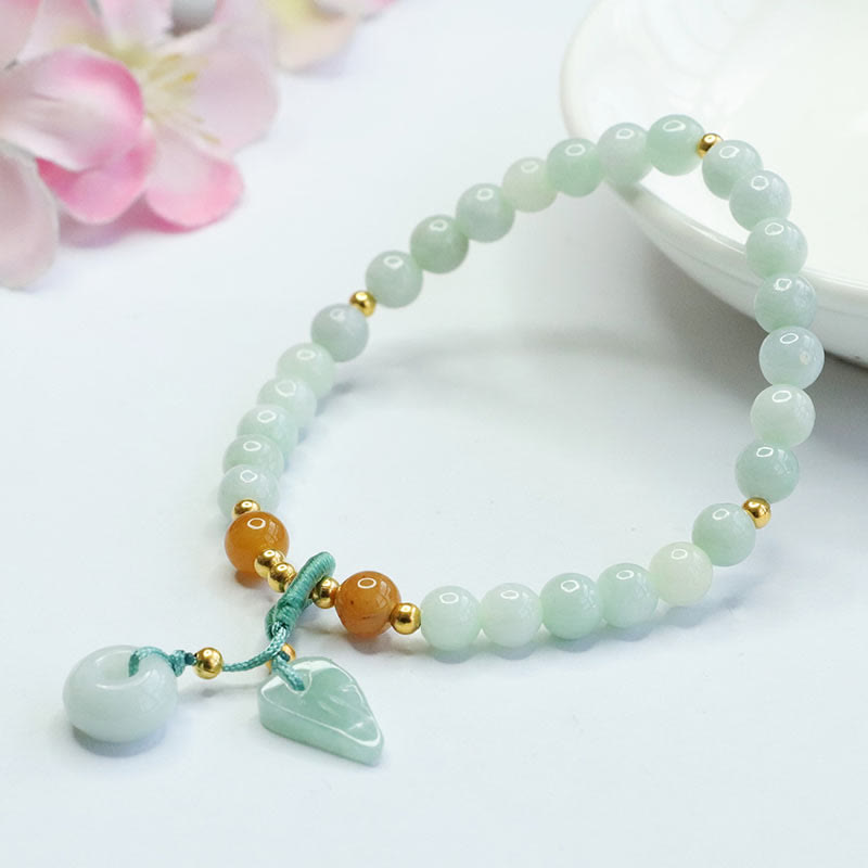 Bracelet Foviel en jade perles et feuille boucle de paix prospérité