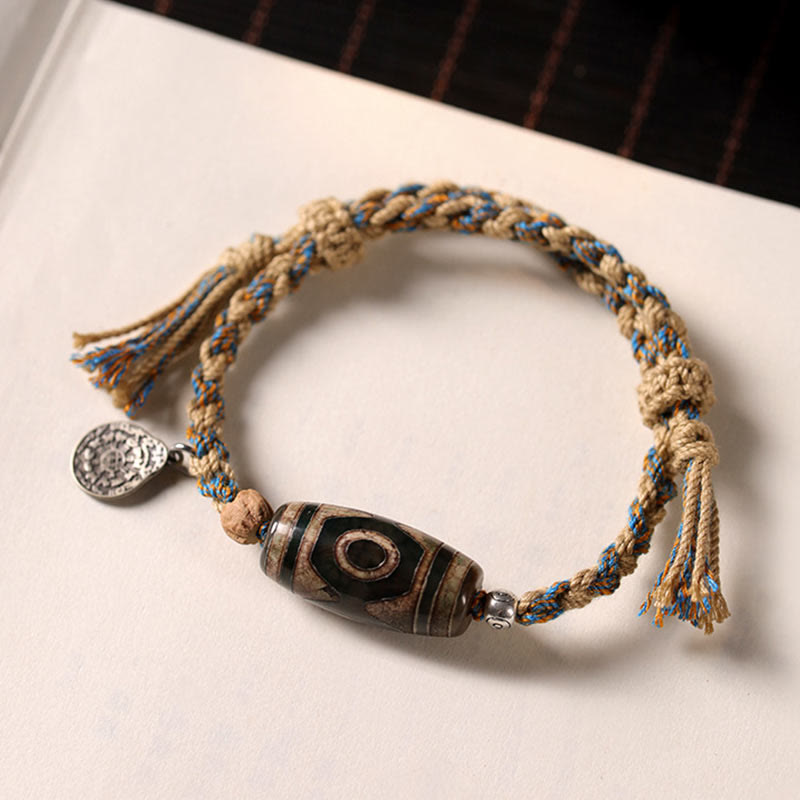 Bracelet tressé de protection de la richesse avec perle Dzi tibétaine Foviel