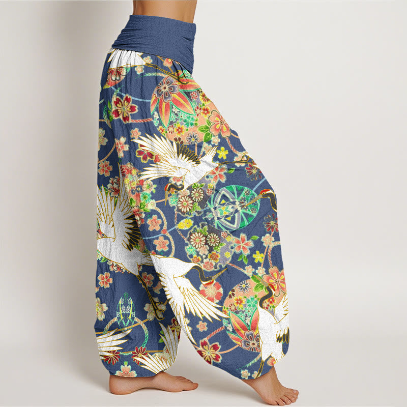 Buddha Stones Cotton Casual Crane Floral Geometric Pattern Elastic Waist Women's Harem Pants - image 2