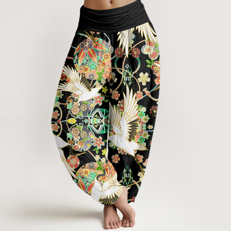 Buddha Stones Cotton Casual Crane Floral Geometric Pattern Elastic Waist Women's Harem Pants - Black - US22,UK/AU26,EU54 (6XL) - image 7