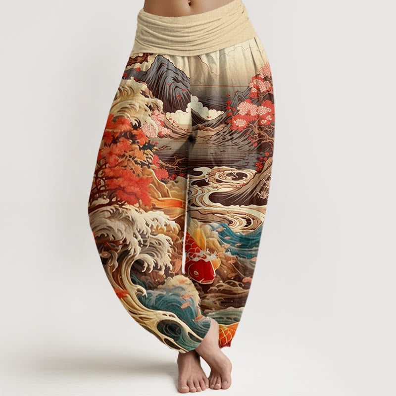 Buddha Stones Casual Blossoming Tree Koi Fish Wave Mountain Pattern Women's Elastic Waist Harem Pants - PaleGoldenrod - US22,UK/AU26,EU54 (6XL) - image 8