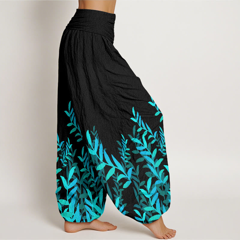Buddha Stones Casual Leaves Pattern Women's Elastic Waist Harem Pants - image 3