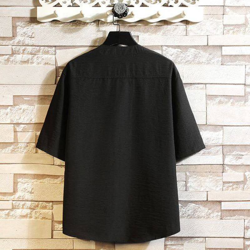Buddha Stones Vintage Casual Solid Color Men's Short Sleeve Shirt Jacket - image 3