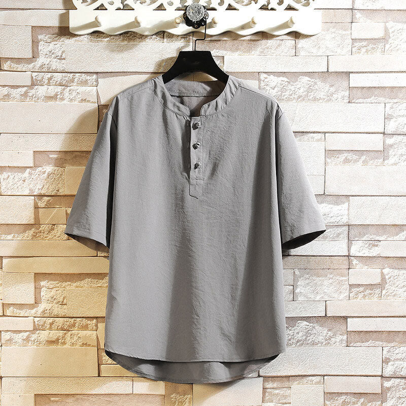 Buddha Stones Vintage Casual Solid Color Men's Short Sleeve Shirt Jacket - Gray - US/UK/AU46,EU56 (5XL) - image 0