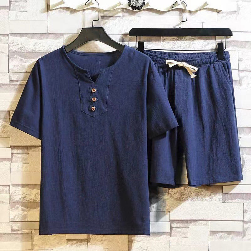 Buddha Stones 2Pcs Short Sleeve T-Shirt Drawstring Short Pants With Pockets Men's Cotton Linen Meditation Cloth Set - Navy - US/UK/AU46,EU56 (5XL) - image 0
