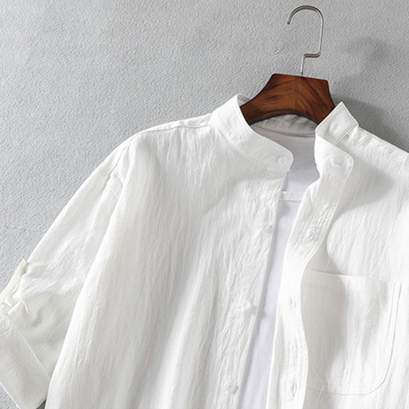 Buddha Stones Vintage Casual Plain Single Breasted Three Quarter Sleeve Men's Shirt With Pocket - image 3
