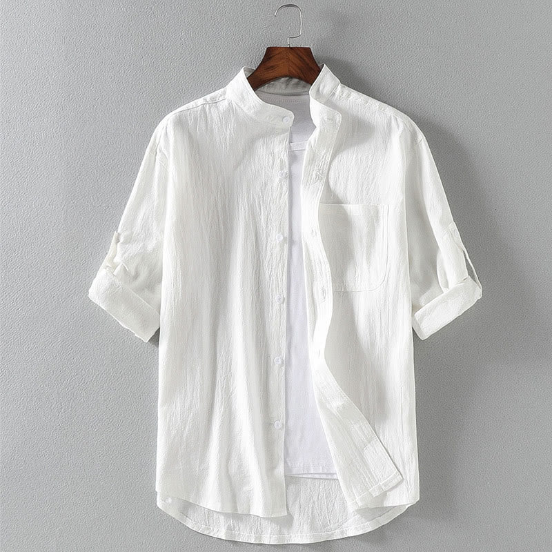 Buddha Stones Vintage Casual Plain Single Breasted Three Quarter Sleeve Men's Shirt With Pocket - White - US/UK/AU46,EU56 (5XL) - image 1
