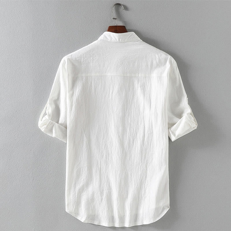 Buddha Stones Vintage Casual Plain Single Breasted Three Quarter Sleeve Men's Shirt With Pocket - image 2