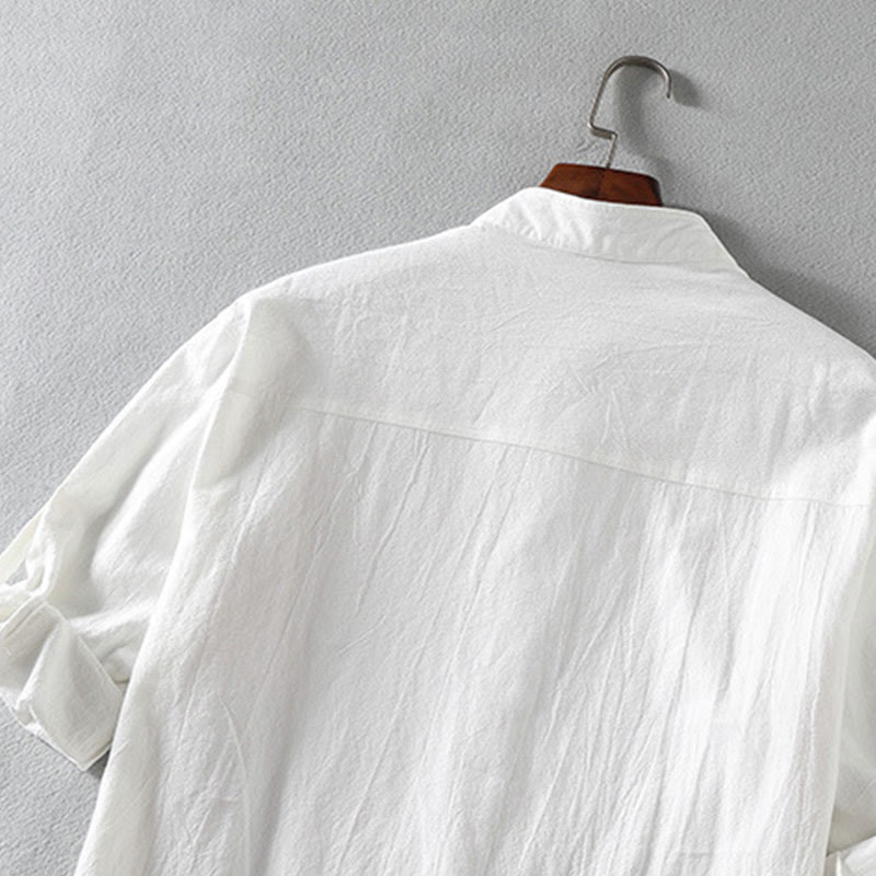 Buddha Stones Vintage Casual Plain Single Breasted Three Quarter Sleeve Men's Shirt With Pocket - image 4
