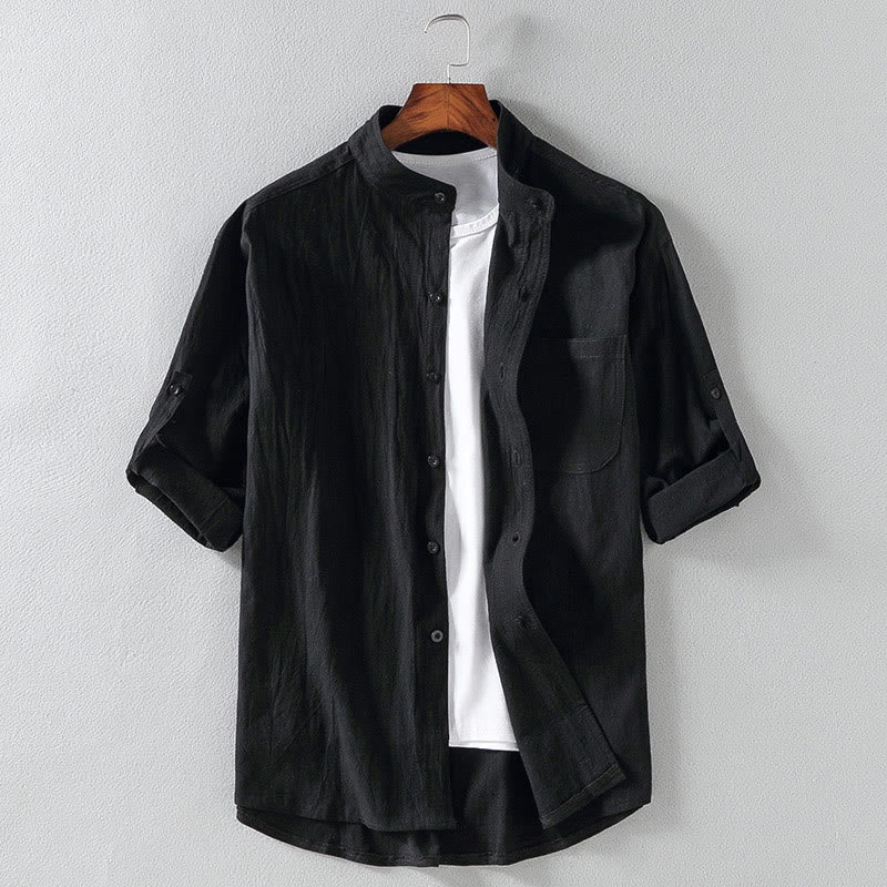 Buddha Stones Vintage Casual Plain Single Breasted Three Quarter Sleeve Men's Shirt With Pocket - Black - US/UK/AU46,EU56 (5XL) - image 15