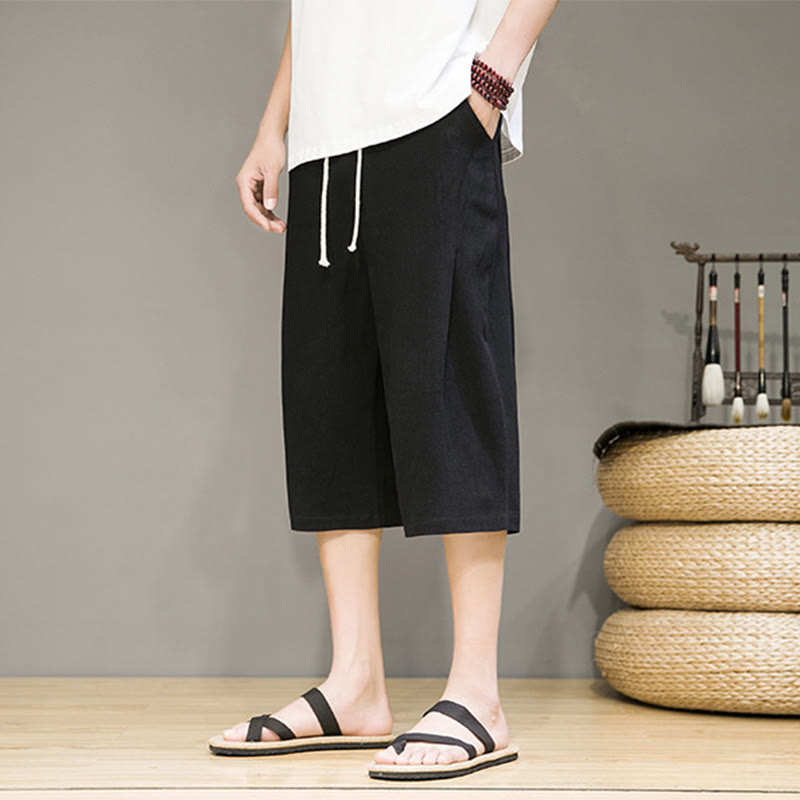 Buddha Stones Casual Summer Drawstring Solid Color Cropped Cotton Linen Men's Harem Pants With Pockets - image 11