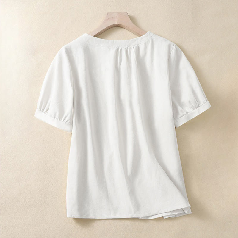 Buddha Stones Casual Women's Plain Crew Neck Button Design Half Sleeve Shirt - image 3