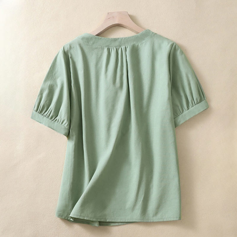 Buddha Stones Casual Women's Plain Crew Neck Button Design Half Sleeve Shirt - DarkSeaGreen - US8-10,UK/AU12-14,EU40-42 (2XL) - image 4