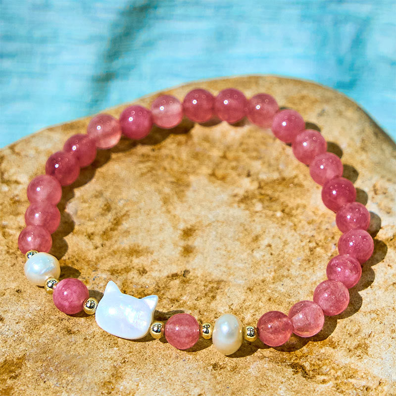Bracelet de guérison Foviel avec quartz fraise, perle, chat et lapin