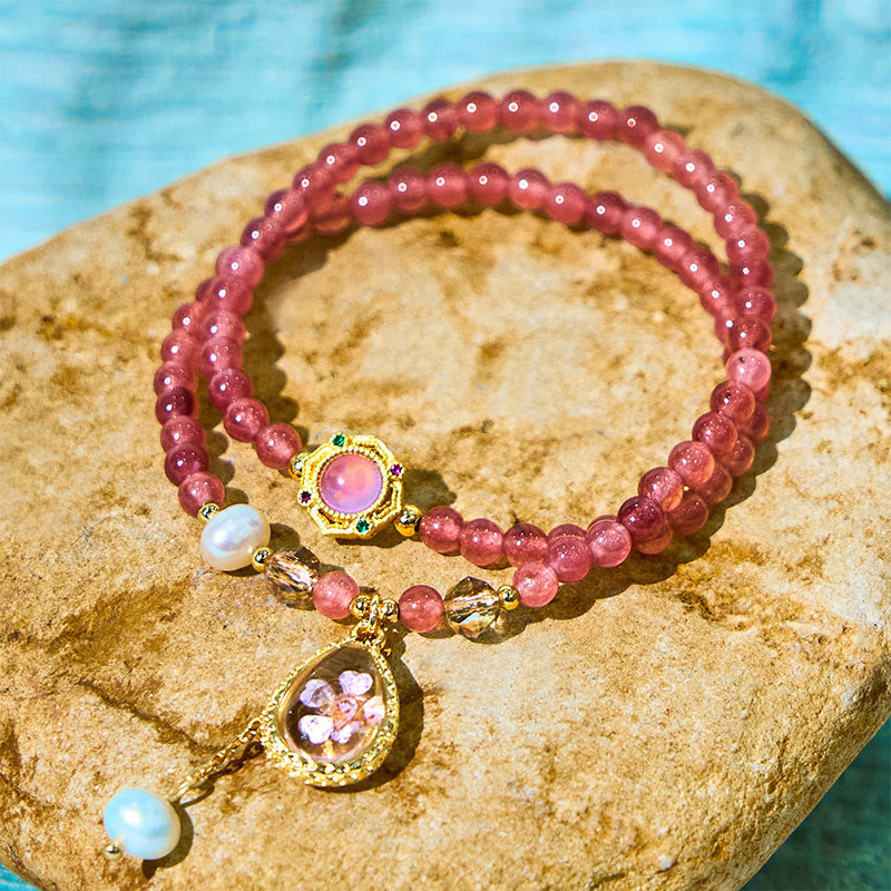 Foviel Natürliche Erdbeerquarz Perle Schmetterling Wassertropfen Positive Doppel-Wrap Armband