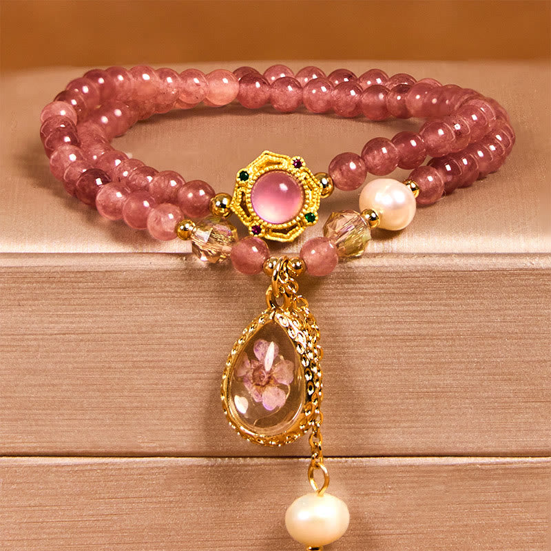 Foviel Natürliche Erdbeerquarz Perle Schmetterling Wassertropfen Positive Doppel-Wrap Armband