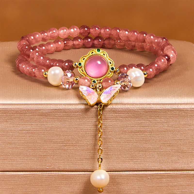 Foviel Natürliche Erdbeerquarz Perle Schmetterling Wassertropfen Positive Doppel-Wrap Armband