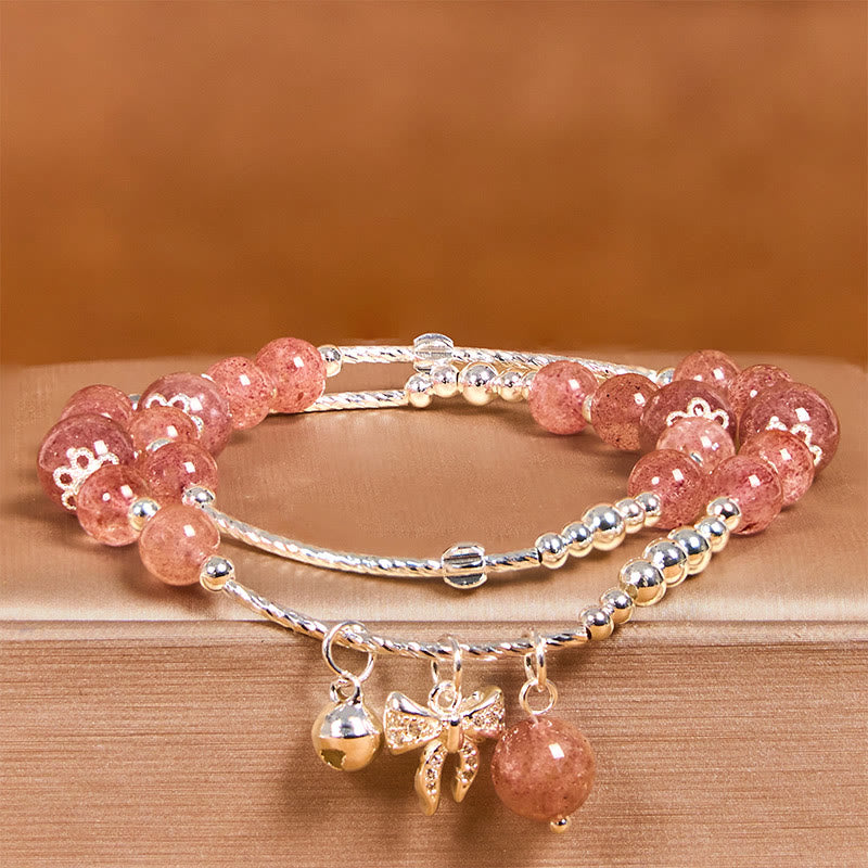 Bracelet double tour à breloque rosette et nœud en quartz fraise naturel Foviel