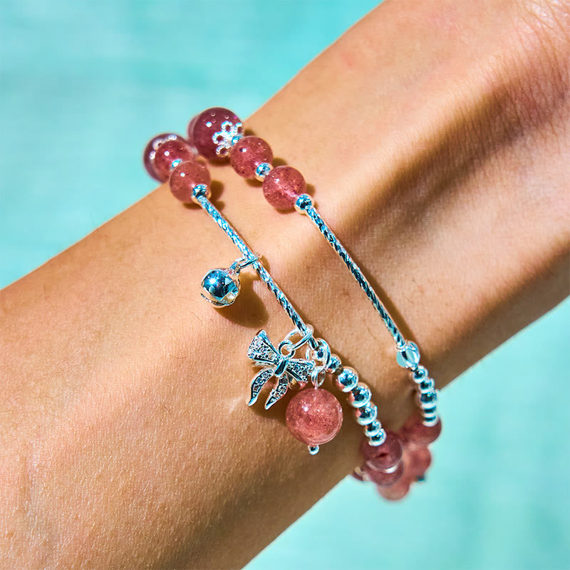 Bracelet double tour à breloque rosette et nœud en quartz fraise naturel Foviel