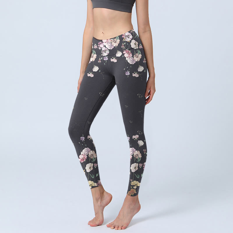 Buddha Stones Pansy Flower Pattern Print Gym Leggings Women's Yoga Pants - Black - US18,UK/AU22,EU50 (4XL) - image 0