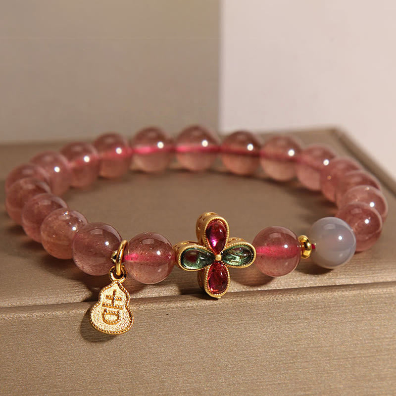 Bracelet porte-bonheur en quartz fraise Foviel avec trèfle à quatre feuilles et gourde de guérison