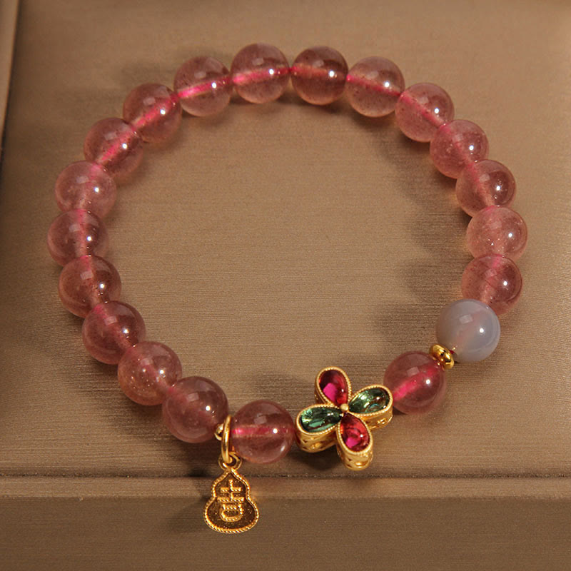 Bracelet porte-bonheur en quartz fraise Foviel avec trèfle à quatre feuilles et gourde de guérison