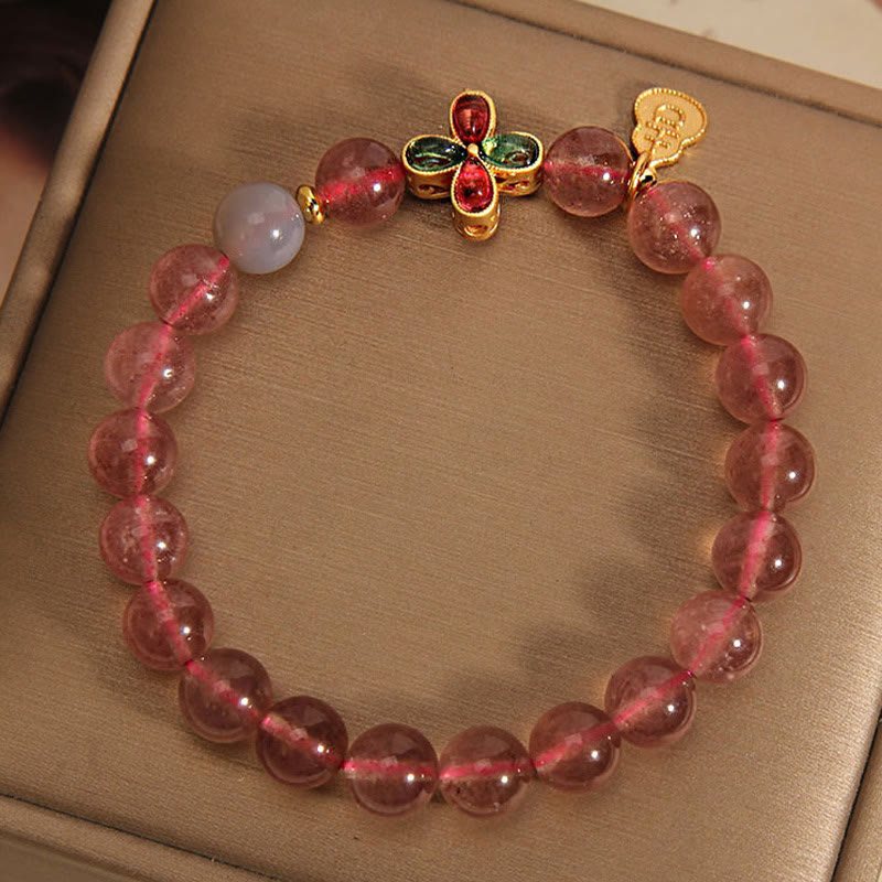 Bracelet porte-bonheur en quartz fraise Foviel avec trèfle à quatre feuilles et gourde de guérison