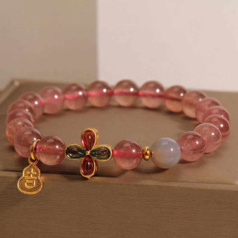 Bracelet porte-bonheur en quartz fraise Foviel avec trèfle à quatre feuilles et gourde de guérison