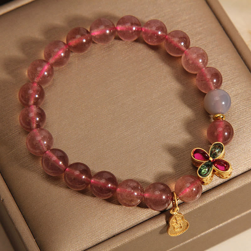 Bracelet porte-bonheur en quartz fraise Foviel avec trèfle à quatre feuilles et gourde de guérison