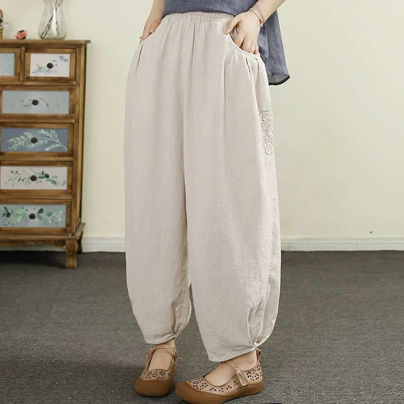Buddha Stones Vintage Solid Color Embroidery Cotton Linen Women's 7-8 Length Harem Pants With Pockets - Beige - US6,UK/AU10,EU38 (XL) - image 0