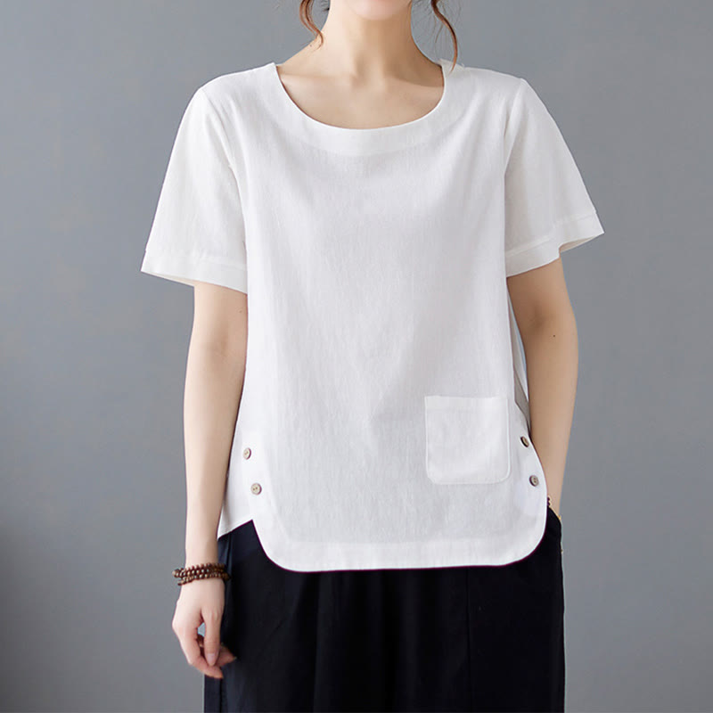 Buddha Stones Side Slit Design Women's Cotton Polyester Crew Neck Short Sleeve T-Shirt Wtih Pocket - White - US14,UK/AU18,EU46 (4XL) - image 13