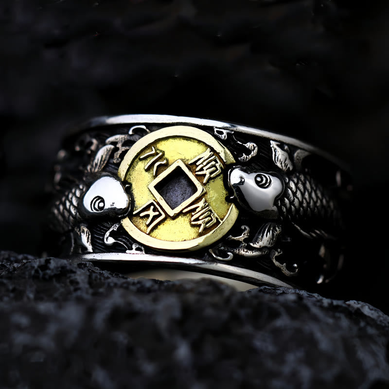 Foviel Adjustable Opening 925 Sterling Silver Lucky Koi Fish Copper Coin Auspicious Clouds Wealth Ring