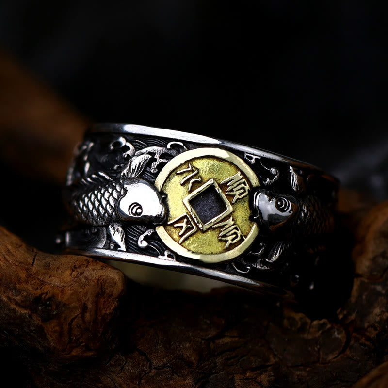 Foviel Adjustable Opening 925 Sterling Silver Lucky Koi Fish Copper Coin Auspicious Clouds Wealth Ring