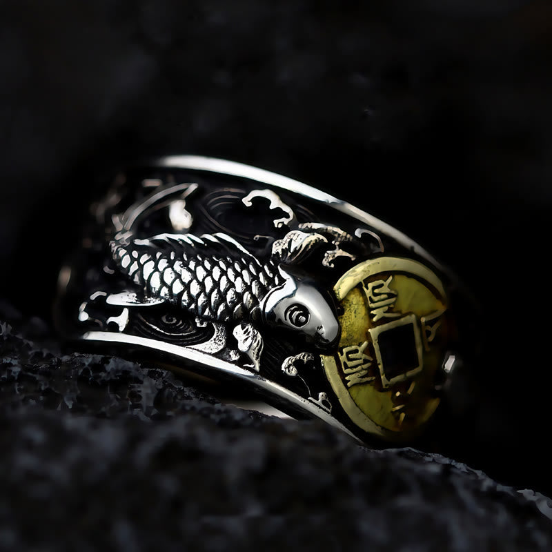 Foviel Adjustable Opening 925 Sterling Silver Lucky Koi Fish Copper Coin Auspicious Clouds Wealth Ring