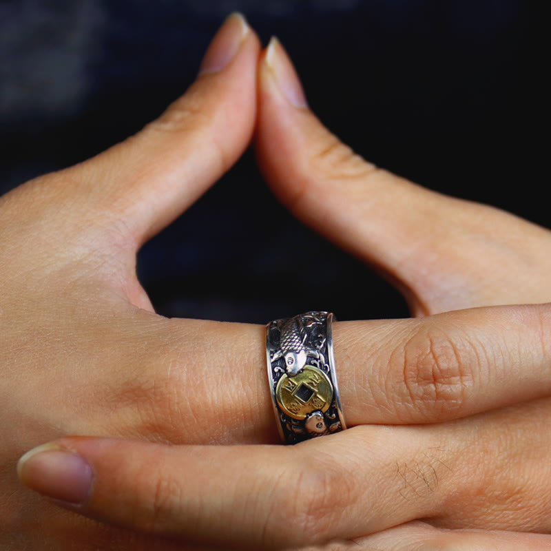 Foviel Adjustable Opening 925 Sterling Silver Lucky Koi Fish Copper Coin Auspicious Clouds Wealth Ring
