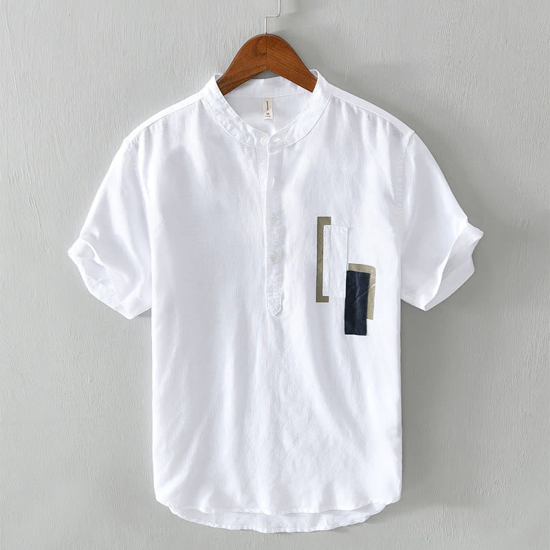 Buddha Stones Daily Plain Patch Color Matching Design Men's Short Sleeve Cotton Linen Shirt - White - US/UK/AU42,EU52 (3XL) - image 1