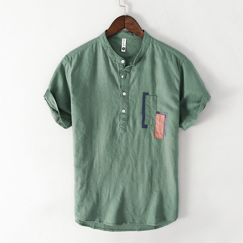 Buddha Stones Daily Plain Patch Color Matching Design Men's Short Sleeve Cotton Linen Shirt - MediumSeaGreen - US/UK/AU42,EU52 (3XL) - image 4