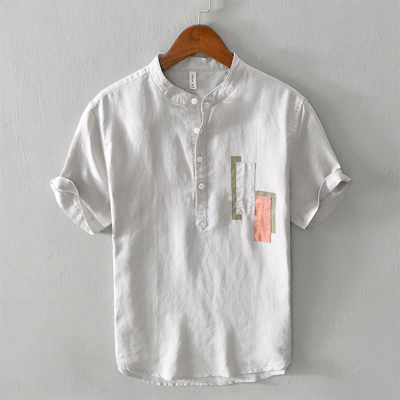 Buddha Stones Daily Plain Patch Color Matching Design Men's Short Sleeve Cotton Linen Shirt - Gainsboro - US/UK/AU42,EU52 (3XL) - image 0