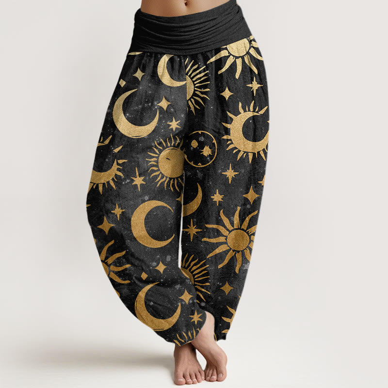 Buddha Stones Cotton Crescent Moon Sun Stars Pattern Design Women's Elastic Waist Harem Pants - Black - US22,UK/AU26,EU54 (6XL) - image 0