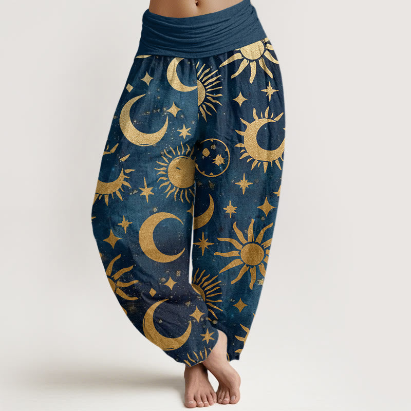Buddha Stones Cotton Crescent Moon Sun Stars Pattern Design Women's Elastic Waist Harem Pants - RoyalBlue - US22,UK/AU26,EU54 (6XL) - image 7