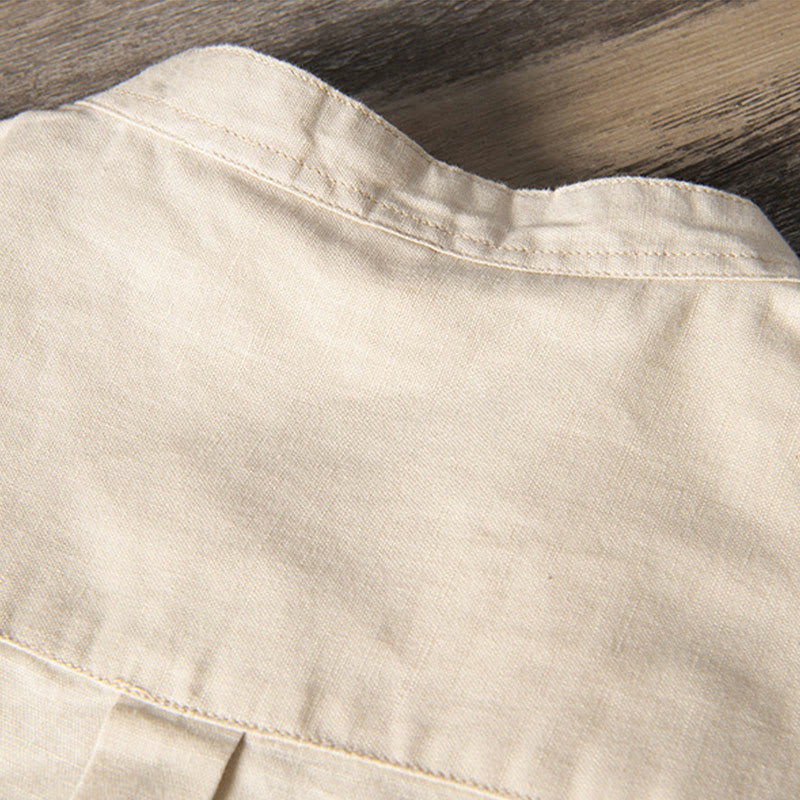 Buddha Stones Casual Daily Simple Buttons Design Stand Collar Men's Short Sleeve Cotton Linen Shirt With Front Pockets - image 11