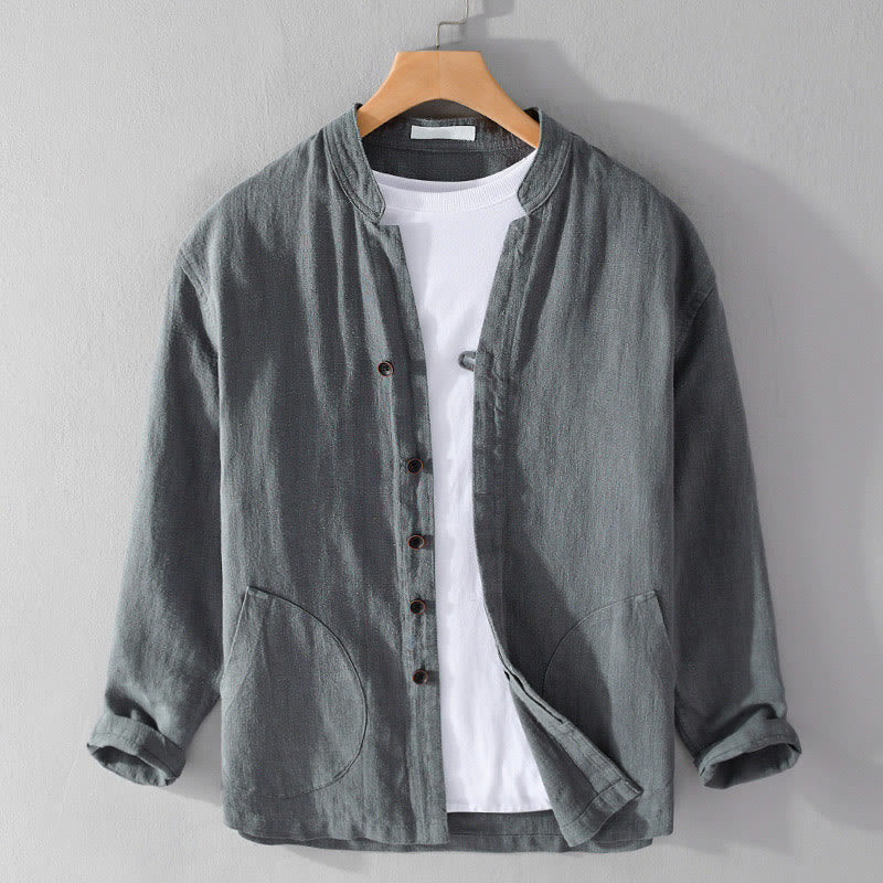 Buddha Stones Spring Daily Simple Buttons Design Stand Collar Men's Long Sleeve Cotton Linen Shirt With Pockets - image 14