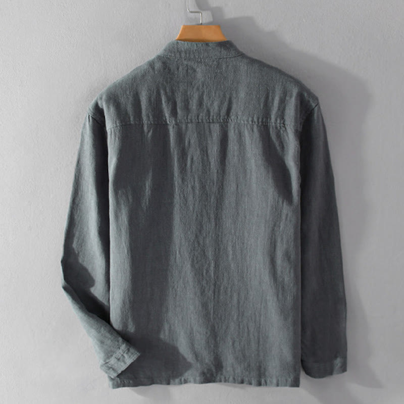 Buddha Stones Spring Daily Simple Buttons Design Stand Collar Men's Long Sleeve Cotton Linen Shirt With Pockets - image 15