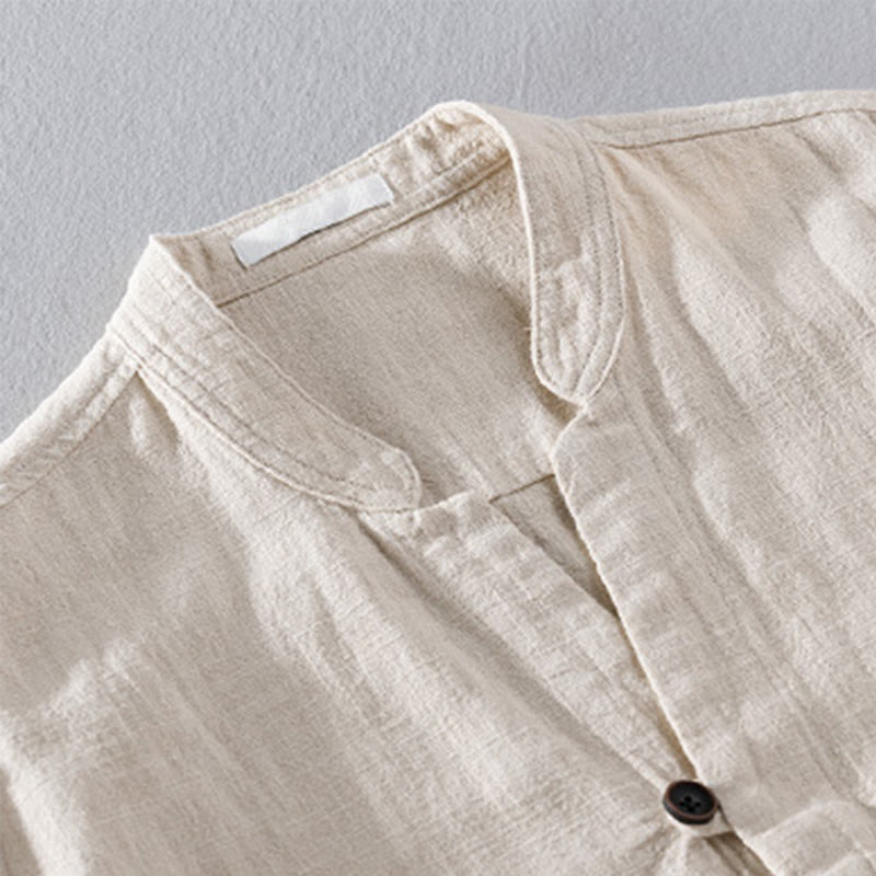 Buddha Stones Spring Daily Simple Buttons Design Stand Collar Men's Long Sleeve Cotton Linen Shirt With Pockets - image 2