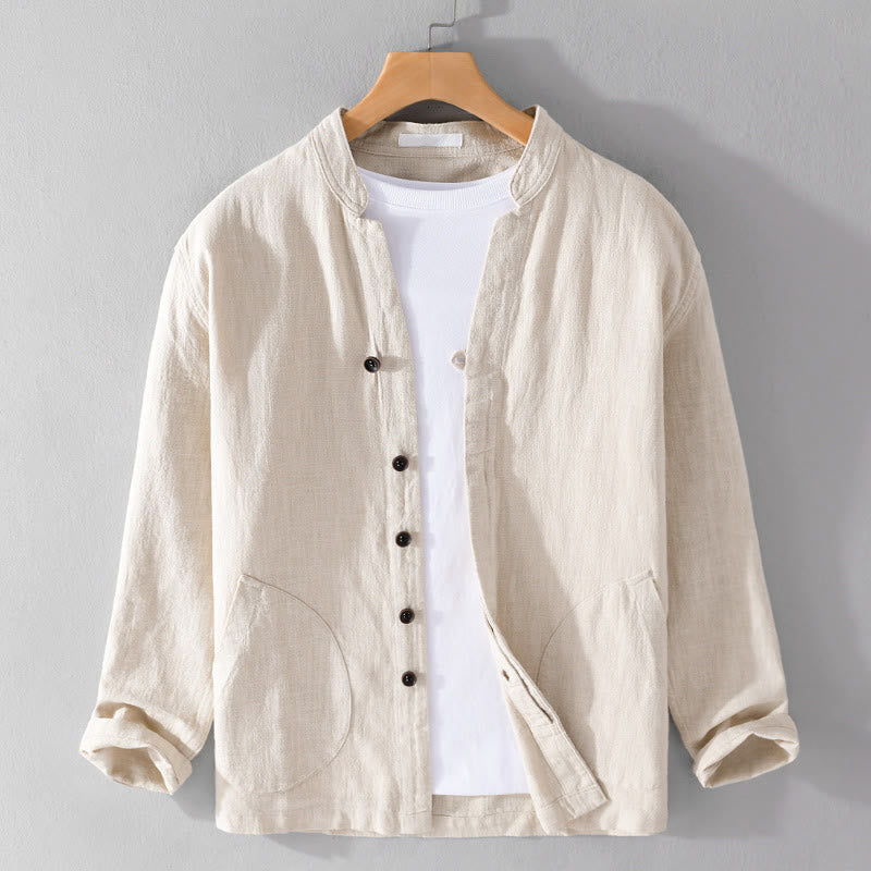 Buddha Stones Spring Daily Simple Buttons Design Stand Collar Men's Long Sleeve Cotton Linen Shirt With Pockets - Beige - US/UK/AU42,EU52 (3XL) - image 0