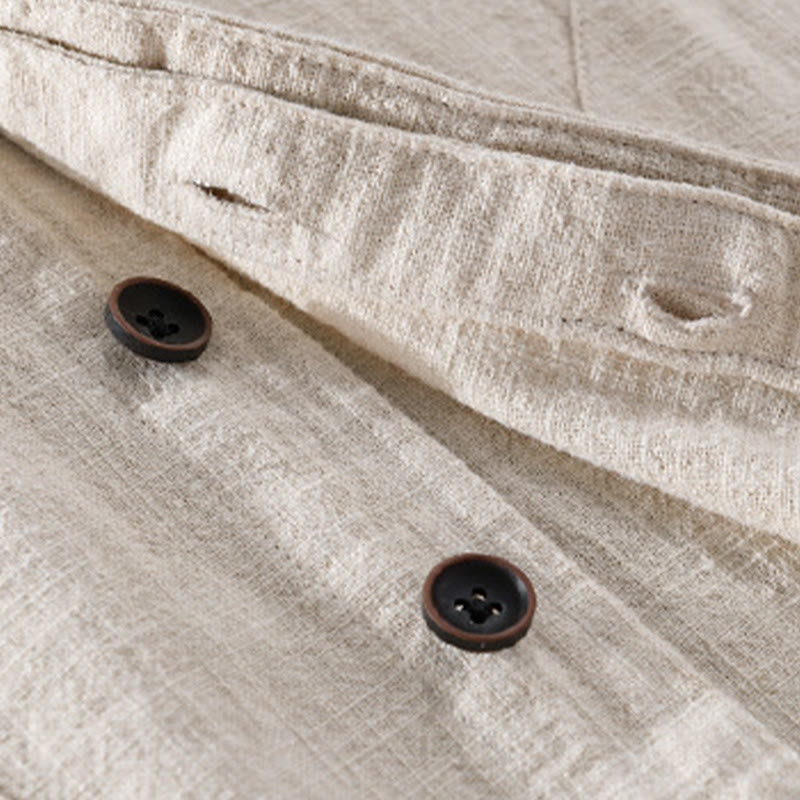Buddha Stones Spring Daily Simple Buttons Design Stand Collar Men's Long Sleeve Cotton Linen Shirt With Pockets - image 4