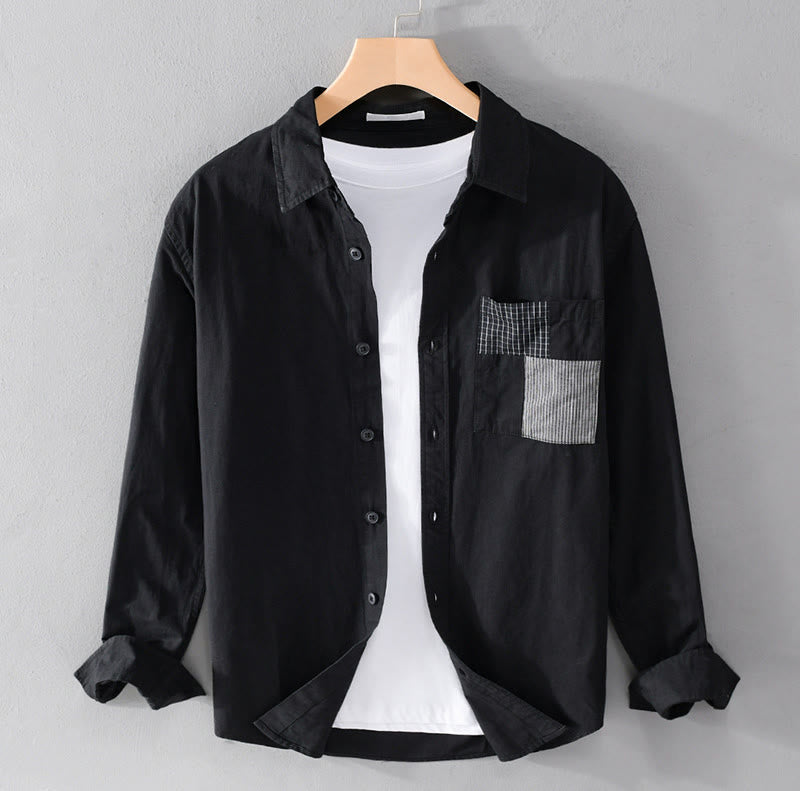 Buddha Stones Spring Daily Line Patchwork Design Lapel Men's Long Sleeve Cotton Linen Shirt With Pockets - Black - US/UK/AU42,EU52 (3XL) - image 15