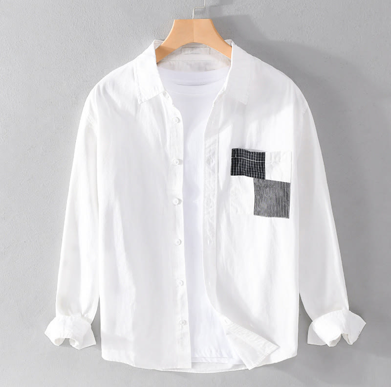 Buddha Stones Spring Daily Line Patchwork Design Lapel Men's Long Sleeve Cotton Linen Shirt With Pockets - White - US/UK/AU42,EU52 (3XL) - image 7